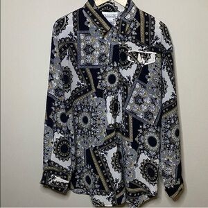 Christie and Jill Blouse Women XL Black White Yellow Geometric Vintage Office